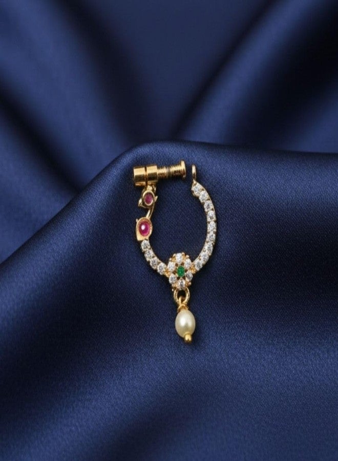 ZEELLO Gold Plated Nose Ring, Multicolor Stones, Pearl Drop, Traditional Indian Jewelry - Image 2