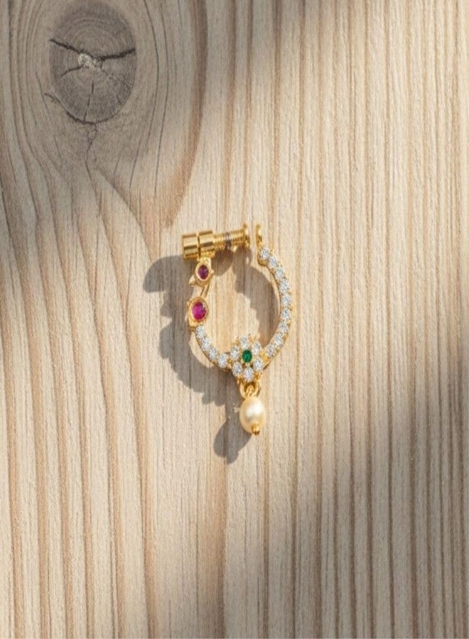 ZEELLO Gold Plated Nose Ring, Multicolor Stones, Pearl Drop, Traditional Indian Jewelry - Image 3