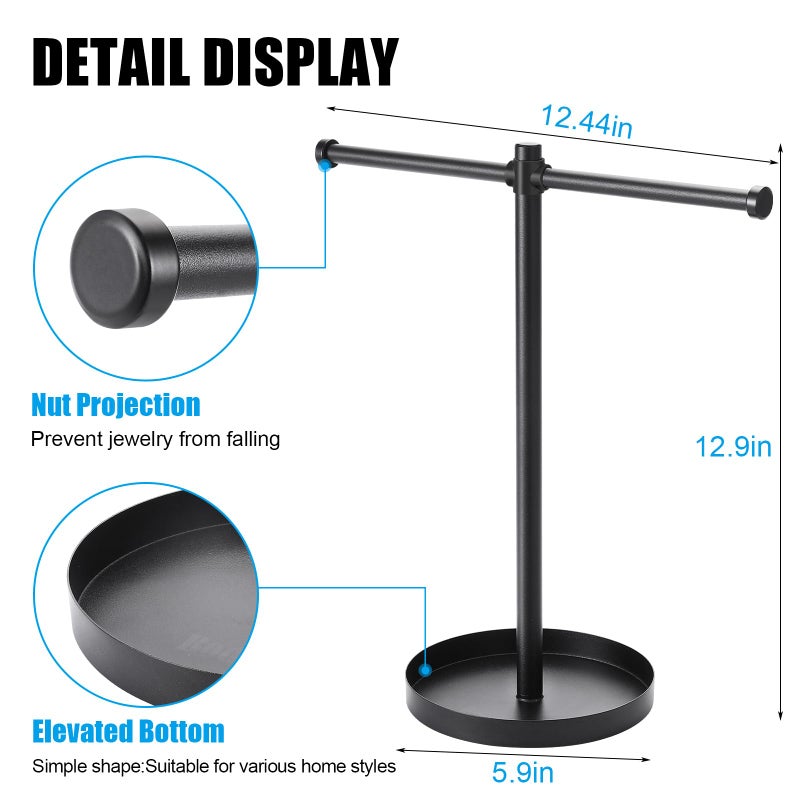 bodkar Jewelry Necklace Organizer Stand,12.9" Tall Sturdy Metal Jewelry Stand with Round Tray for Bracelet Bangles Holder Display,Long Necklace Organizer Holder (black) - Image 4