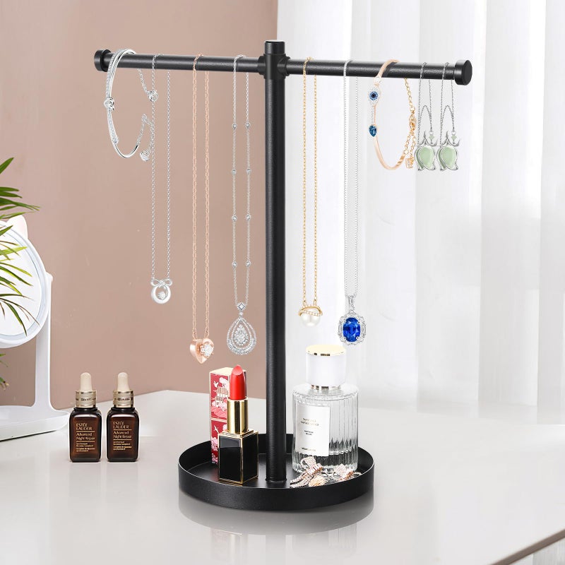 bodkar Jewelry Necklace Organizer Stand,12.9" Tall Sturdy Metal Jewelry Stand with Round Tray for Bracelet Bangles Holder Display,Long Necklace Organizer Holder (black) - Image 2