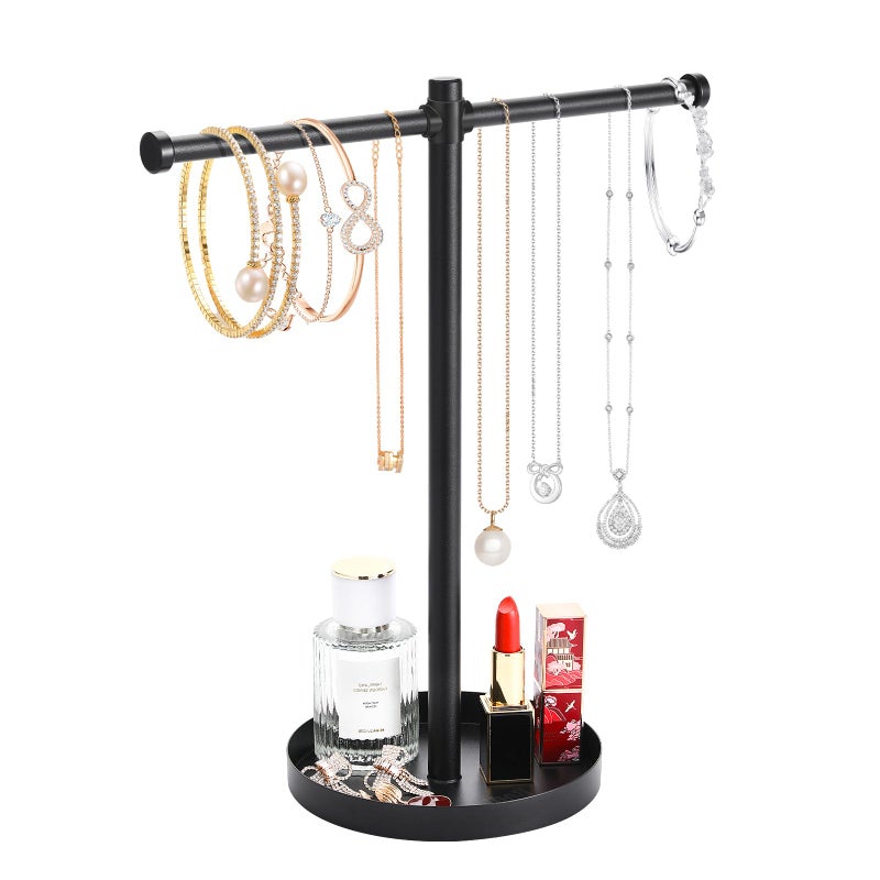 bodkar Jewelry Necklace Organizer Stand,12.9" Tall Sturdy Metal Jewelry Stand with Round Tray for Bracelet Bangles Holder Display,Long Necklace Organizer Holder (black) - Image 1
