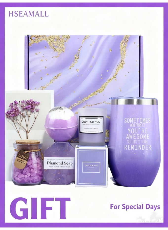 LAVENDER SPA GIFT SET FOR WOMEN - RELAXING BATH & BODY CARE BASKET WITH TUMBLER, CANDLE (BIRTHDAY/MOTHER'S DAY/VALENTINE'S GIFT FOR MOM, WIFE, SISTER, GIRLFRIEND)