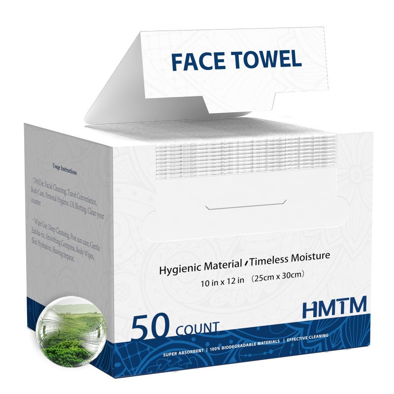 HMTM Face Towels 10x12 Inch, 50 Count Extra Thick & Soft Disposable Towels for Makeup Removal & Cleansing, Biodegradable Towels for Sensitive Skin, Travel-Friendly Facial Towelettes - Image 1