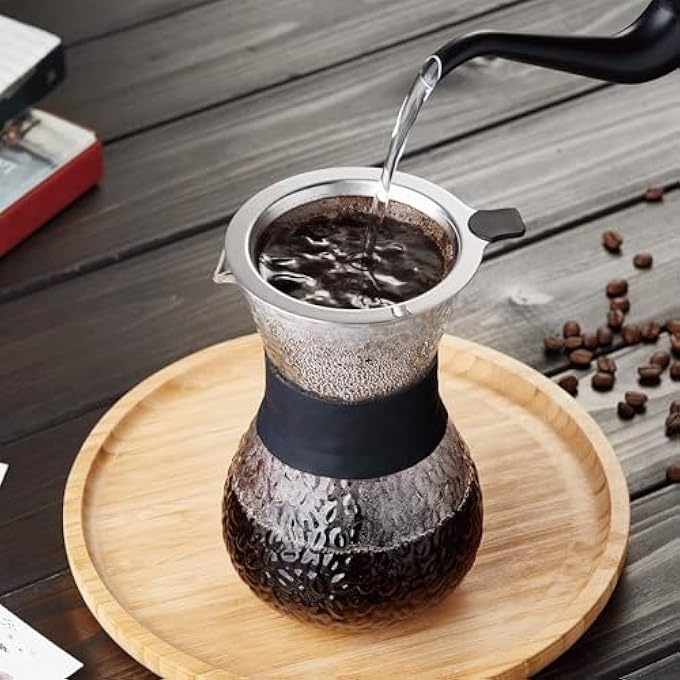 NALACAL ماكينة تحضير القهوة المصنوعة من زجاج البورسليكات بسعة 600 مل و20 أونصة، مزودة بمصفاة قهوة يدوية بدون ورق، قابلة لإعادة الاستخدام، مزودة بفلتر قهوة من الفولاذ المقاوم للصدأ، وماكينة تحضير قهوة بفلتر دائم، ومجموعة مصفاة قهوة يدوية زجاجية - Image 5