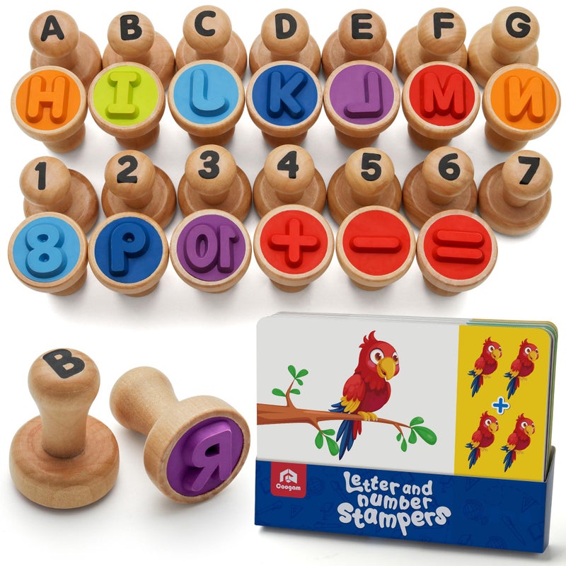 Coogam Wooden Alphabet Number Stamp Flashcard ABC Spelling Letter Stampers and Mathematics Learning Number Stampers Arts and Crafts Supplies Montessori Educational Toy Gifts for 3 4 5 Year Old - Image 2