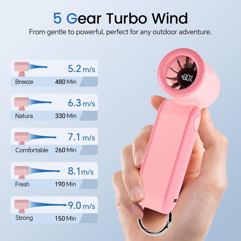 MERTTURM Handheld Portable Fan, 17400RPM Powerful Turbo Fan with Hook, 3000mAh Rechargeable Personal Mini Pocket Fan with 5 Speeds for Commuting/Walking/Shopping/Traveling/School - Coral Pink - Image 4