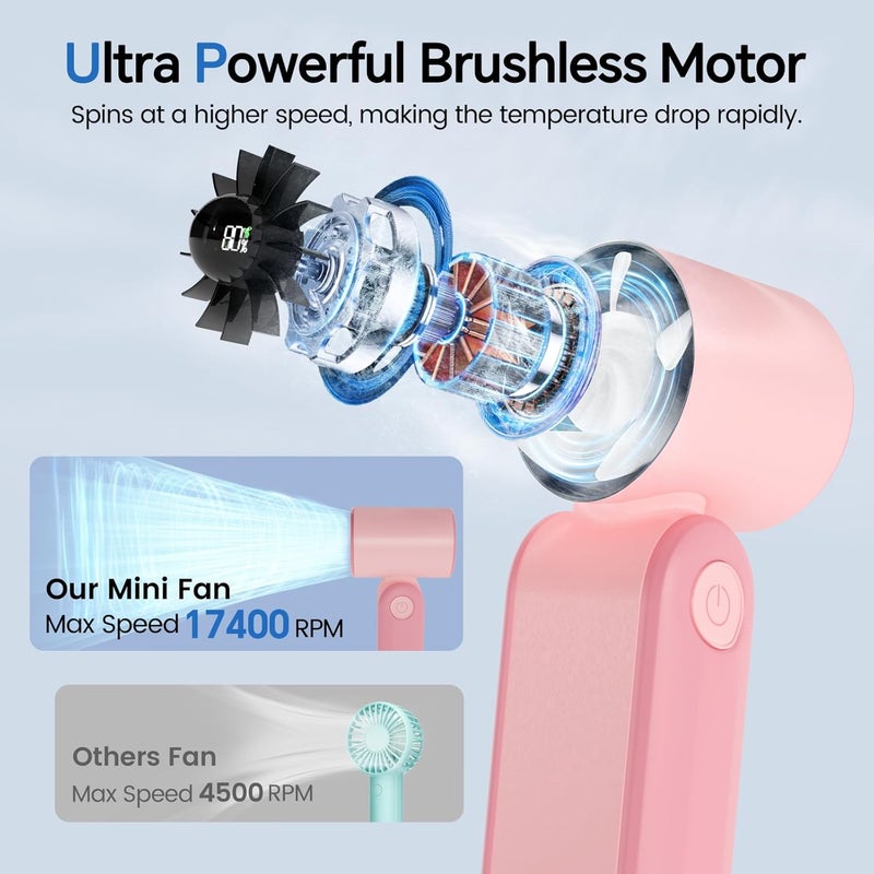 MERTTURM Handheld Portable Fan, 17400RPM Powerful Turbo Fan with Hook, 3000mAh Rechargeable Personal Mini Pocket Fan with 5 Speeds for Commuting/Walking/Shopping/Traveling/School - Coral Pink - Image 2