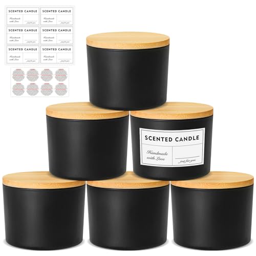 SUPMIND 16oz Candle Jars 6 Pack 3 Wick Matt Black Glass Empty Candle Jars with Bamboo Lids for Candle Making Large Wide Mouth Candle Container Bulk for 12131415oz Candles with Stickers and Label