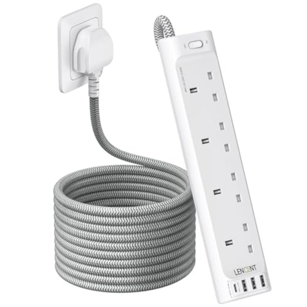 Extension Lead with 4 USB Ports 3A1C 4-Way Outlets Power Strip Home Office Travel Use 1.8m Cable Flame-Retardant ABS Housing Overload Protection Surge Protection