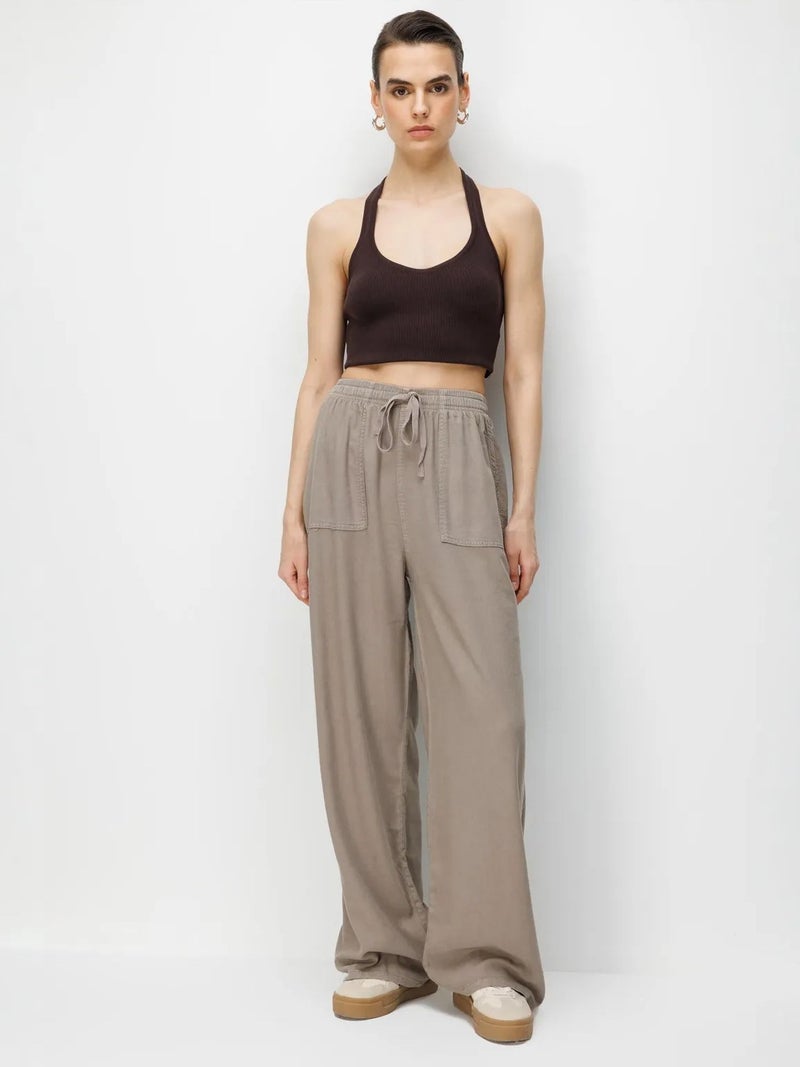 MIXRAY Mid Waist Straight Leg Cotton Pants with Tie Closure - Image 3