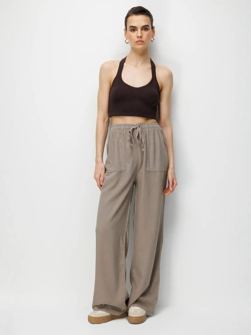 MIXRAY Mid Waist Straight Leg Cotton Pants with Tie Closure - Image 4