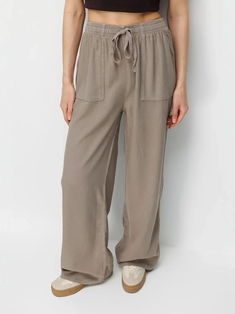 ميكسراي MIXRAY Mid Waist Straight Leg Cotton Pants with Tie Closure