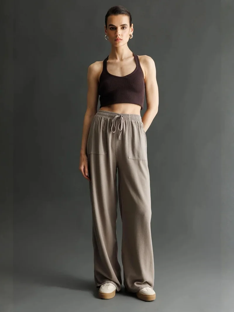 ميكسراي MIXRAY Mid Waist Straight Leg Cotton Pants with Tie Closure