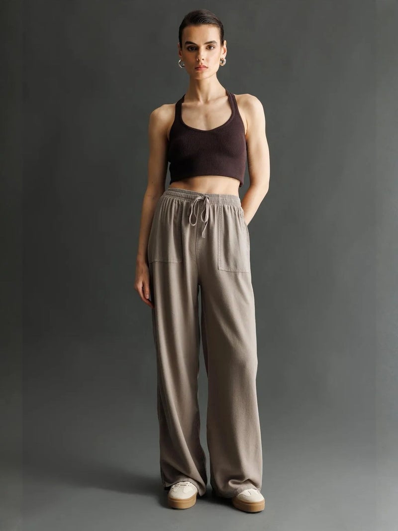 MIXRAY Mid Waist Straight Leg Cotton Pants with Tie Closure - Image 1