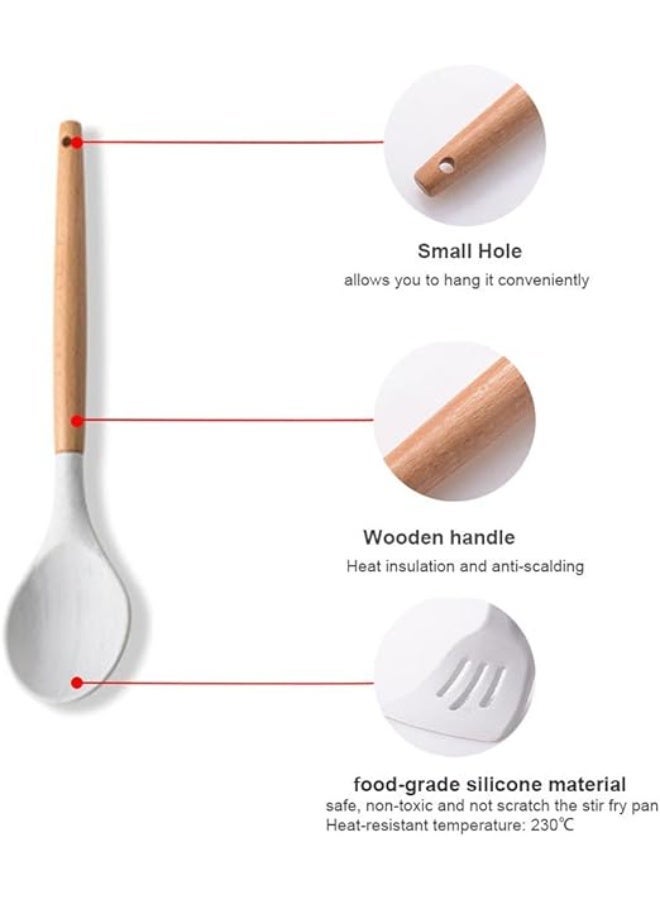 مجموعة 11 قطعة من أدوات الطهي السيليكونية، مجموعة أدوات الطهي غير اللاصقة مع سلة تخزين، مجموعة أدوات المطبخ المقاومة للحرارة مع مقبض خشبي عالي الجودة - Image 1