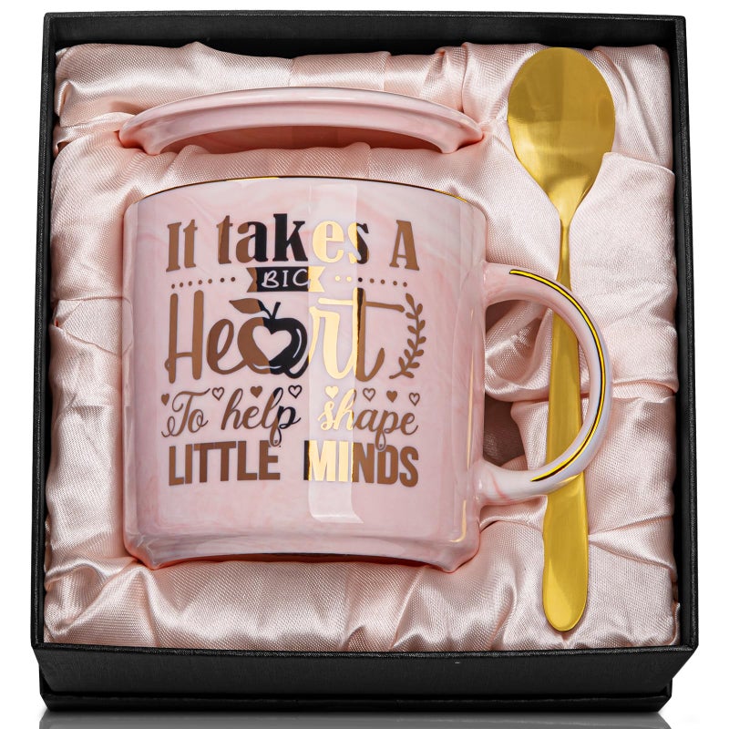Teacher Appreciation Gifts for Women Best Thank You Teachers Mug Gift from Student  14Oz Pink Marble Ceramic Cup with Gold Print Teacher Graduation Gifts Ideas with Card Spoon Elegant Box