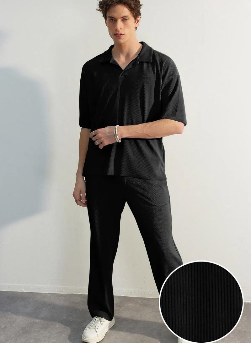 trendyol Black Straight Fit Textured Hidden Drawstring One-Piece Sweatpants - Image 1