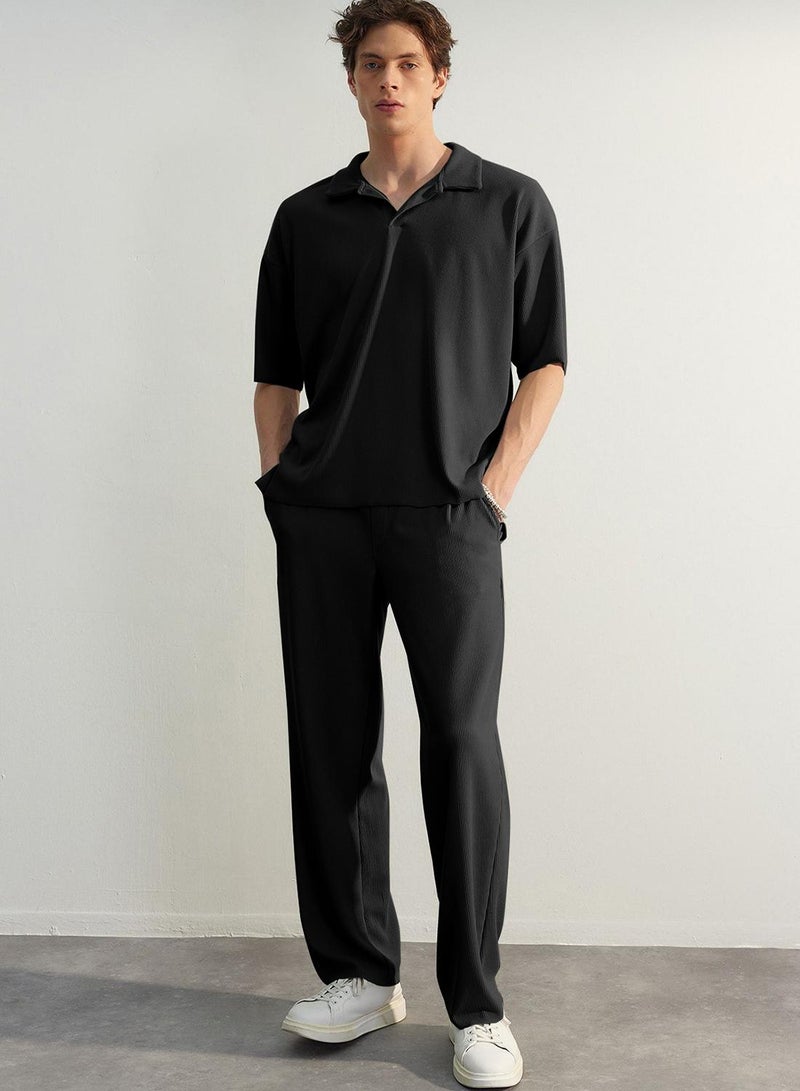 trendyol Black Straight Fit Textured Hidden Drawstring One-Piece Sweatpants - Image 3