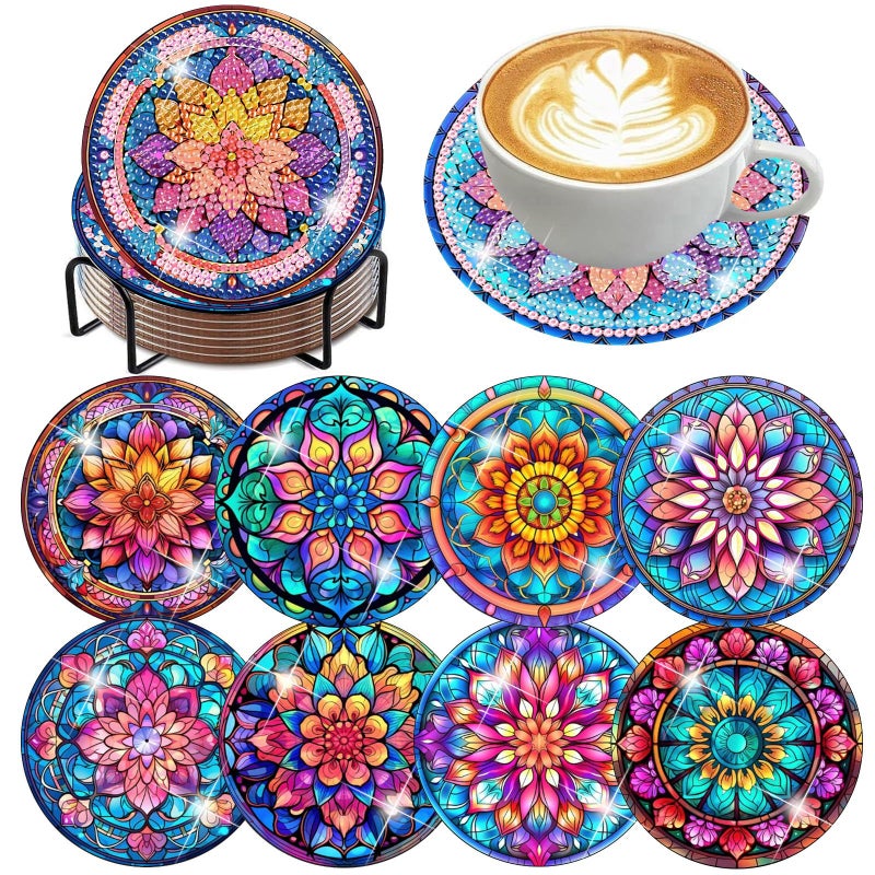 mrpwnle 8 Pcs Diamond Art Coasters Kits Mandala Diamond Painting Coasters Kits for Adults Beginners Set with Holder Cork Pads DIY Diamonds Art Coaster Non Slip Crafts Kit - Image 3
