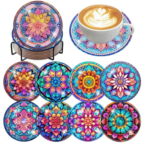 mrpwnle 8 Pcs Diamond Art Coasters Kits Mandala Diamond Painting Coasters Kits for Adults Beginners Set with Holder Cork Pads DIY Diamonds Art Coaster Non Slip Crafts Kit - Image 1