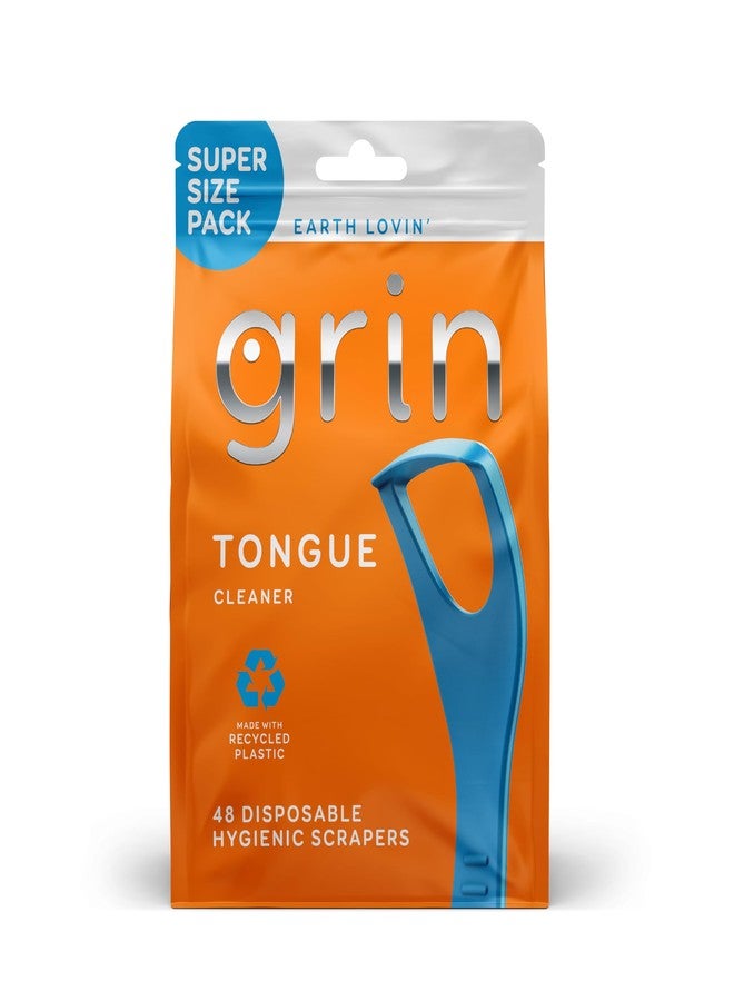 GRIN Tongue Cleaner, 48 Count, Disposable Tongue Cleaner, Hygienic Scraper, Recycled Plastic, Clean Tongue, Promote Fresh Breath, Includes Safe Fold- Back Tooth Pick - Image 1