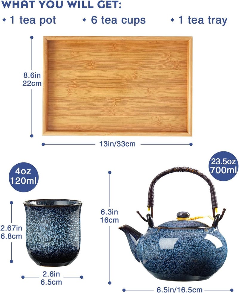 DUJUST Japanese Tea Set for 6, Kiln Altered Glaze Porcelain Tea Set with 1 Teapot, 6 Tea Cups & 1 Tea Tray, Unique Chinese Tea Sets for Adults/Tea Lovers/Women/Men, Blue - Image 5