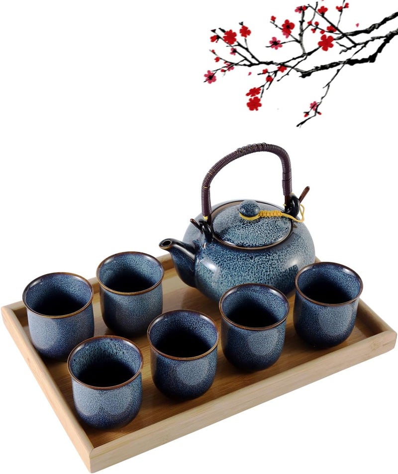 DUJUST Japanese Tea Set for 6, Kiln Altered Glaze Porcelain Tea Set with 1 Teapot, 6 Tea Cups & 1 Tea Tray, Unique Chinese Tea Sets for Adults/Tea Lovers/Women/Men, Blue - Image 1