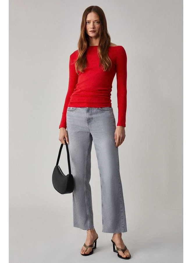 Grimelange SISSI Women's Organic Cotton Asymmetrical Neckline Ribbed Stretch Fabric Red Blouse.