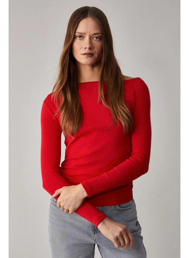 Grimelange SISSI Women's Organic Cotton Asymmetrical Neckline Ribbed Stretch Fabric Red Blouse.
