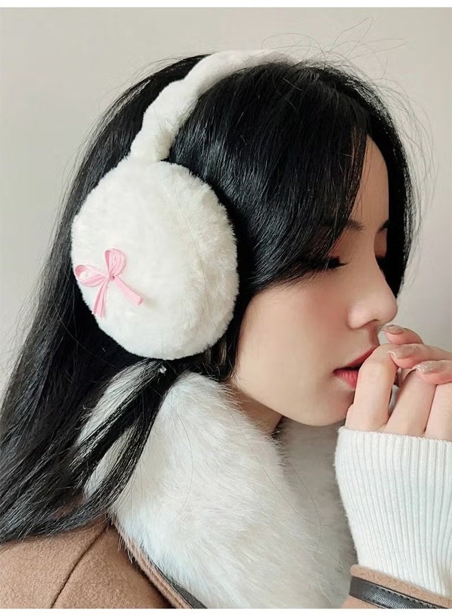 YJ Women’s Foldable Winter Earmuffs Made of Soft Faux Fur with an Elegant Feminine Design Decorated with a Cute Pink Bow, Providing Warmth and Excellent Ear Protection - Image 1