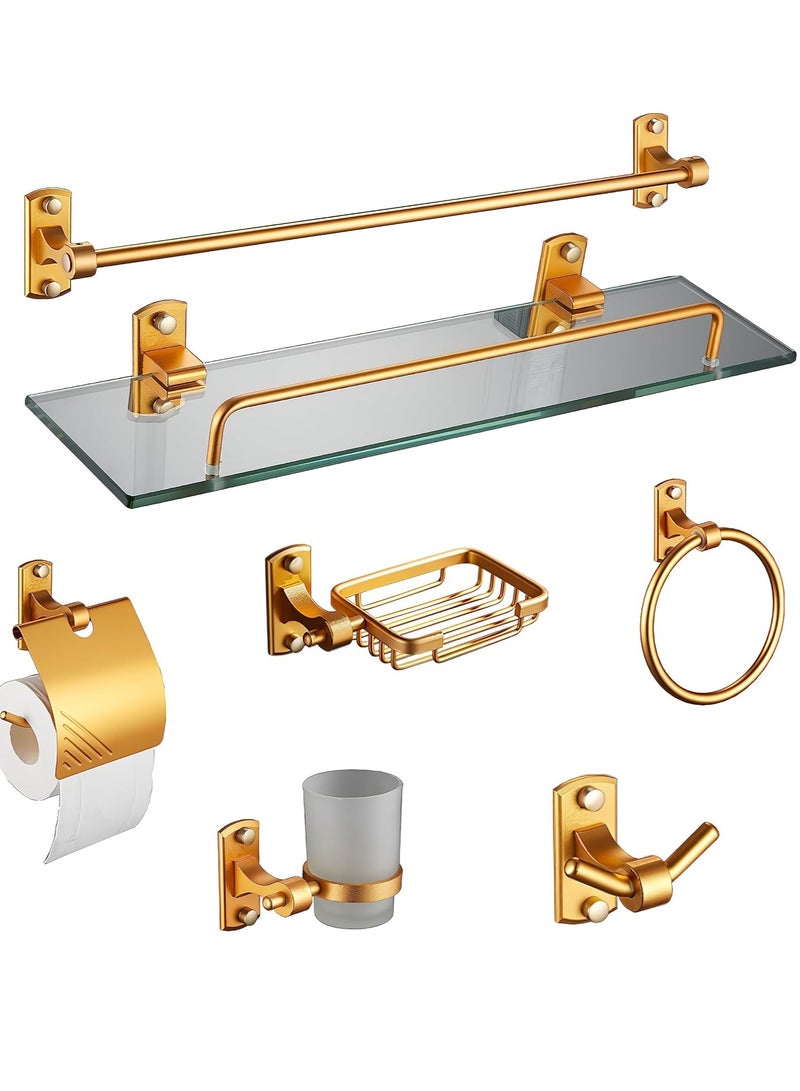 طقم ملحقات أجهزة الحمام من 7 قطع، يتضمن رف مناشف/حامل رف، و مناشف، وحامل ورق تواليت، وصحن صابون، وحلقة مناشف يدوية، وحامل أكواب، وخطاف رداء - Image 1