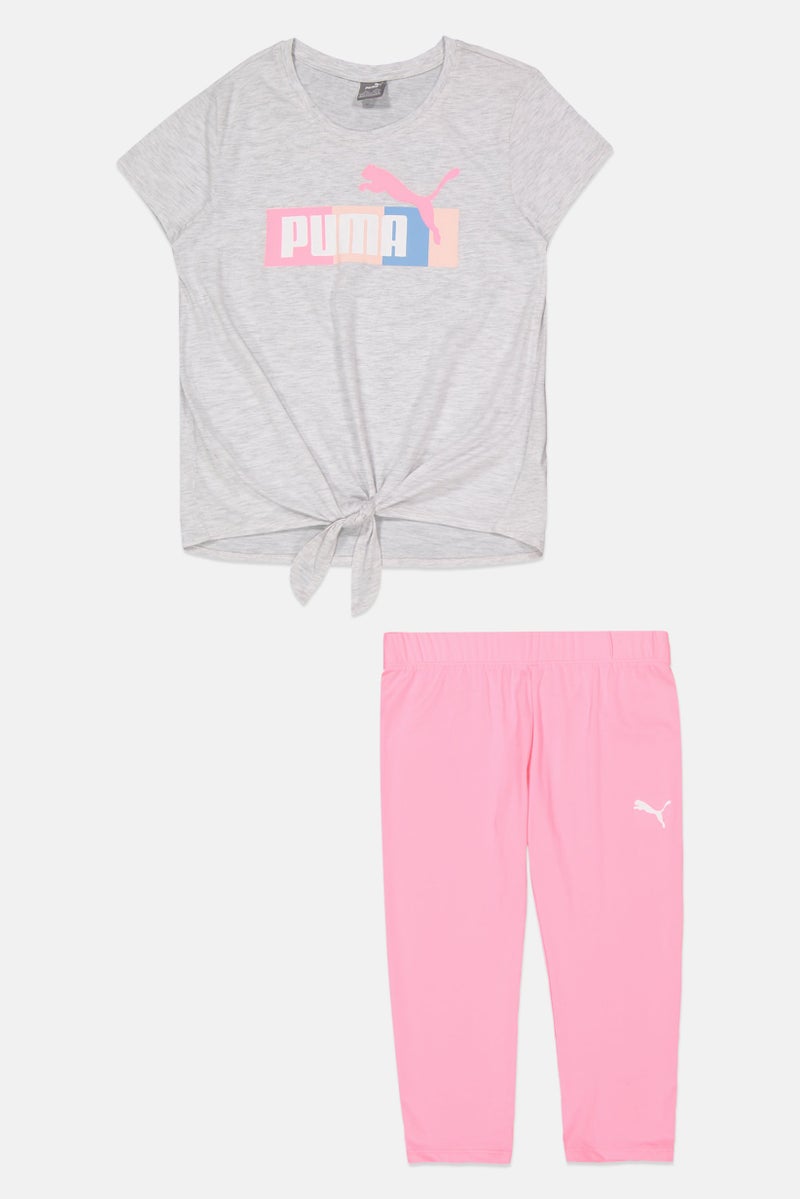 PUMA Kids Girl 2 Pieces Sportswear Fit Heather Jersey Set, White/Pink - Image 1