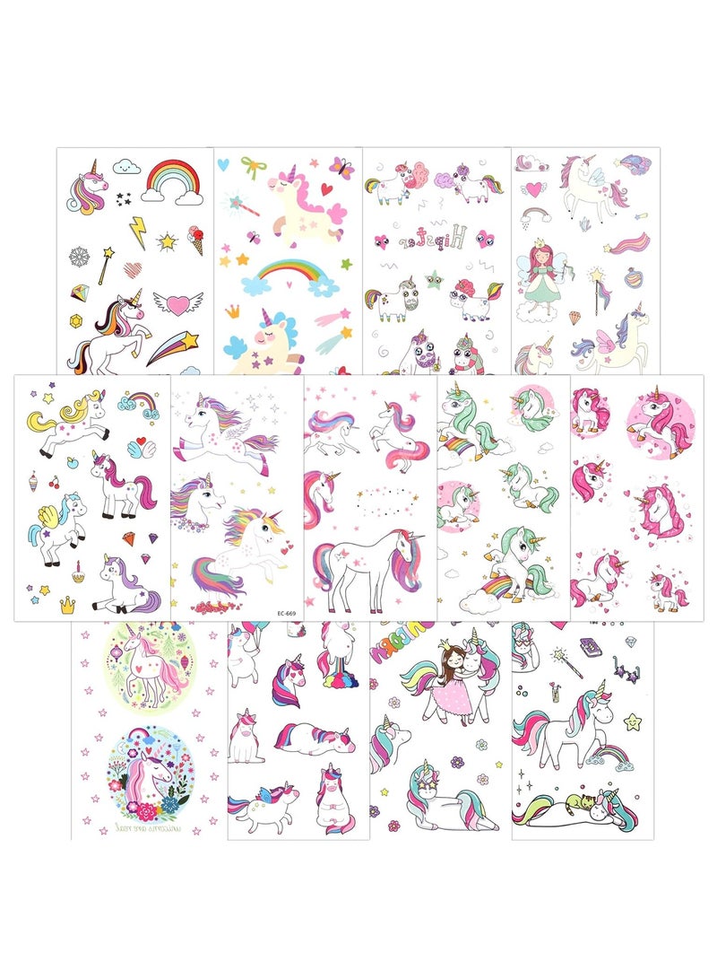قوس قزح أورينبو 13 ورقة، 145 قطعة من ملصقات وشم يونيكورن المؤقتة للأطفال والفتيات، وشم يونيكورن لطيف، لوازم حفلات يونيكورن، هدايا رائعة للفتيات لحفلات أعياد الميلاد، حشوات أكياس الهدايا - Image 1