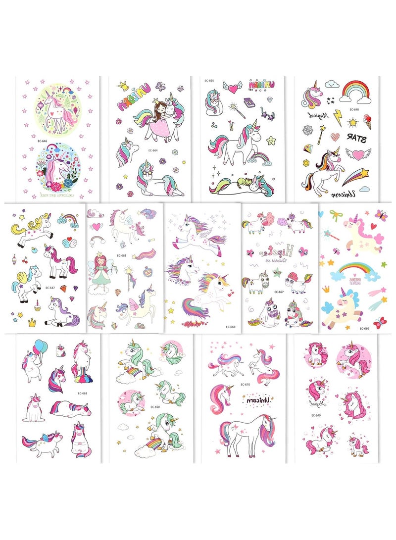 قوس قزح أورينبو 13 ورقة، 145 قطعة من ملصقات وشم يونيكورن المؤقتة للأطفال والفتيات، وشم يونيكورن لطيف، لوازم حفلات يونيكورن، هدايا رائعة للفتيات لحفلات أعياد الميلاد، حشوات أكياس الهدايا - Image 4