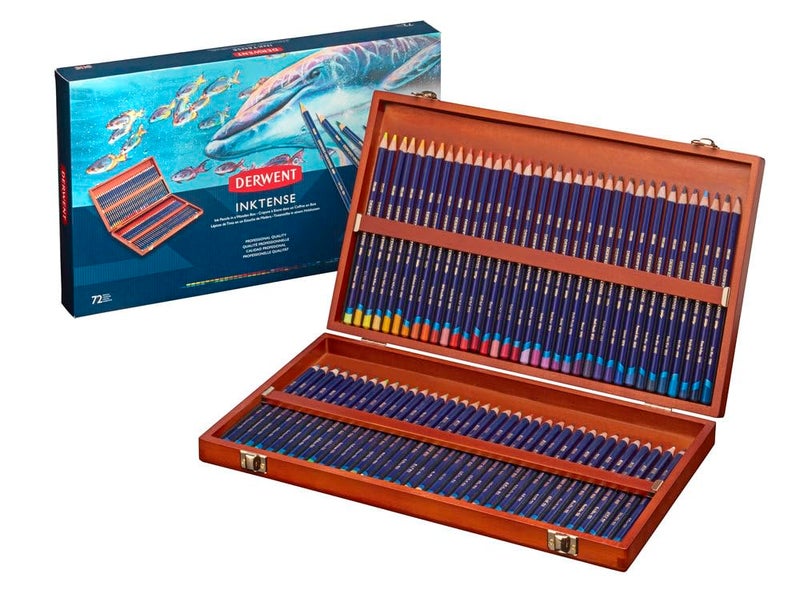 Derwent Inktense Pencils 72 Wooden Box Set of 72 Premium 4mm Round Core Firm Watersoluble Ideal for Watercolor Drawing Coloring and Painting on Paper and Fabric Professional Quality 2301844