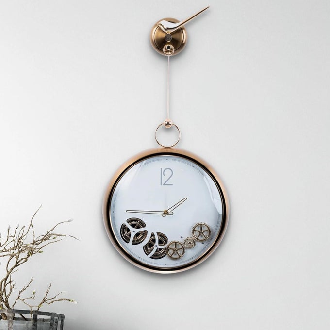 ELEGANT BRUSHED GOLD METAL WALL CLOCK SILENT MOVING PENDULUM WHITE DIAL UNIQUE DECOR FOR LIVING SPACES