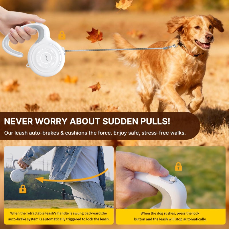 Petsuper AutoBrake Retractable Dog Leash for Medium and Large Dogs, 360Â° Tangle-Free Dog Leash and 16Ft Strong Nylon Tape, Ergonomically Comfortable and Lightweight Grip Handle (White) - Image 4
