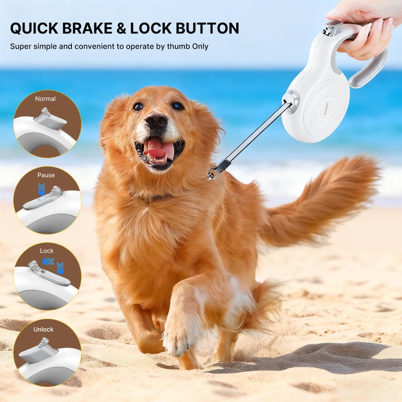 Petsuper AutoBrake Retractable Dog Leash for Medium and Large Dogs, 360Â° Tangle-Free Dog Leash and 16Ft Strong Nylon Tape, Ergonomically Comfortable and Lightweight Grip Handle (White) - Image 3