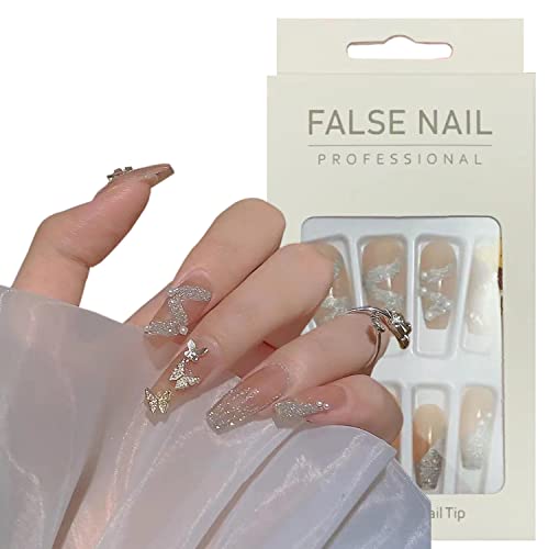 Vezocim 24Pcs Reusable Full Cover False Nails Kits, Medium Length Press on Nails, Butterfly Artificial Fake Nails Design for Women Girls, Glue on Nails Fake Nails - Image 1