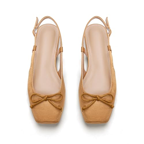 Lhamo Latso Brown Ballet Flats 1 Inch Low Block Heel Comfortable Ballerina Flat Bow Dressy Flats Shoes for Women Slingback Flat Satin 8.5 - Image 1