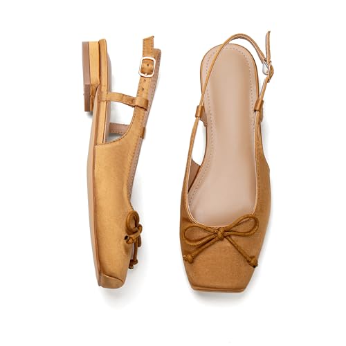 Lhamo Latso Brown Ballet Flats 1 Inch Low Block Heel Comfortable Ballerina Flat Bow Dressy Flats Shoes for Women Slingback Flat Satin 8.5 - Image 3