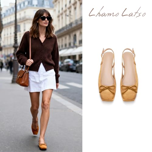Lhamo Latso Brown Ballet Flats 1 Inch Low Block Heel Comfortable Ballerina Flat Bow Dressy Flats Shoes for Women Slingback Flat Satin 8.5 - Image 2