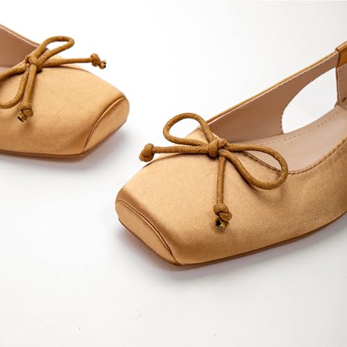 Lhamo Latso Brown Ballet Flats 1 Inch Low Block Heel Comfortable Ballerina Flat Bow Dressy Flats Shoes for Women Slingback Flat Satin 8.5 - Image 4