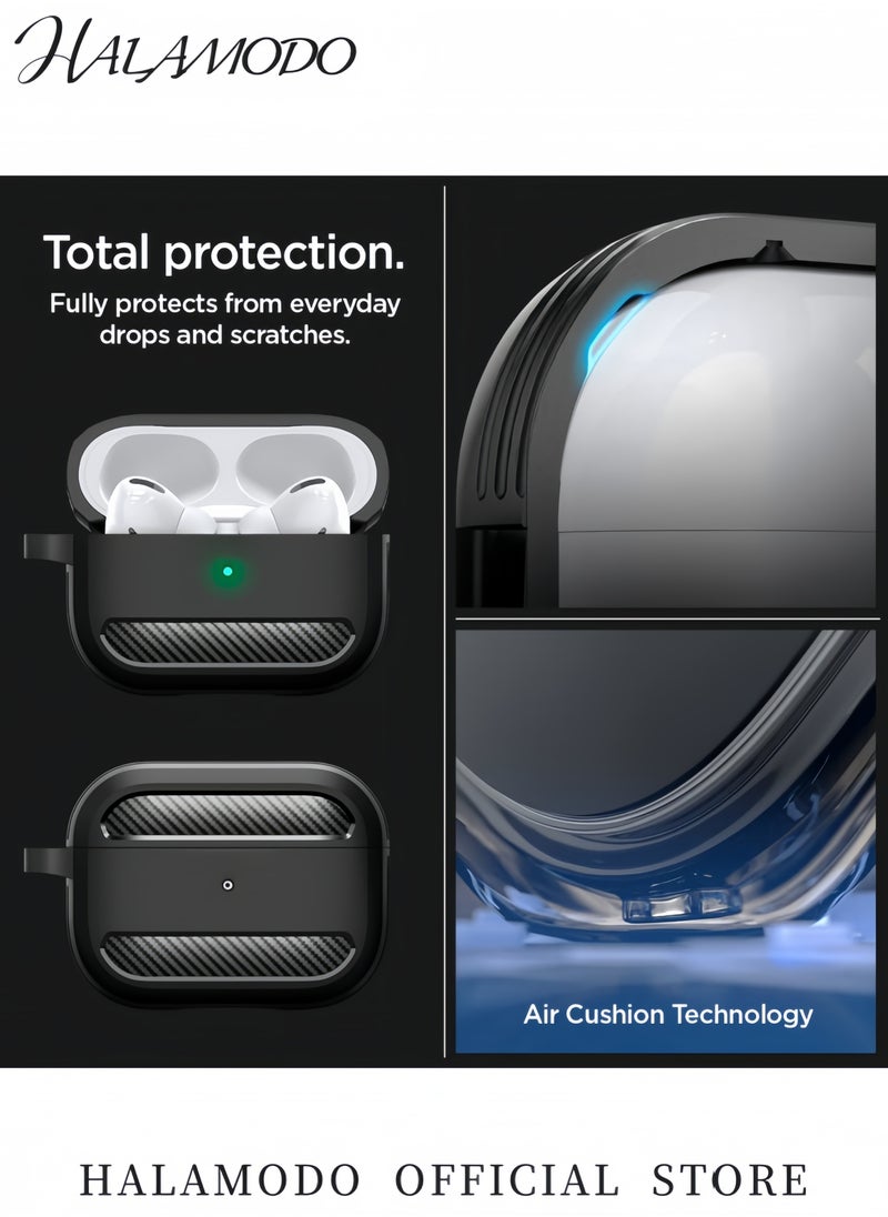Generic Shockproof Armor Case with Keychain for Apple AirPods Pro Durable TPU/PC Protective Cover with Carbon Fiber Design Wireless Charging Compatible (Portable Carabiner Included)  - Image 2