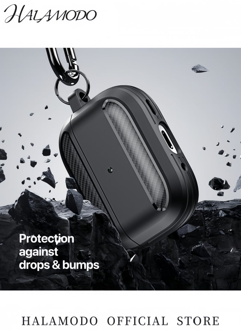 Generic Shockproof Armor Case with Keychain for Apple AirPods Pro Durable TPU/PC Protective Cover with Carbon Fiber Design Wireless Charging Compatible (Portable Carabiner Included)  - Image 3