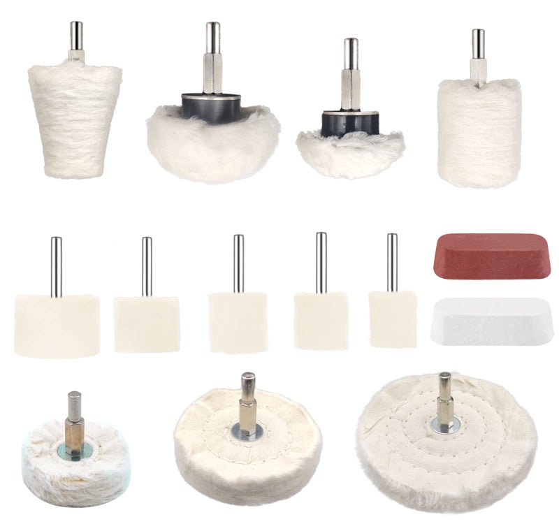 Tworider 14 Pcs Polishing Wheel Kit for Drill - Buffing Pad Set With 2 Compounds and 5 Felt Wheels for Aluminum, Stainless Steel, Chrome, Metal, Glass, Car Detailing - Image 1