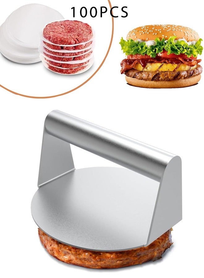 صحافة اللحوم برجر الصحافة مع ورقة برجر باتي جولة 12 سم ، مجموعة من 100 ورقة باتي غير اللاصقة للبرجر الصحافة ، زيغزاغ باتي وخبز الكعكة - Image 1