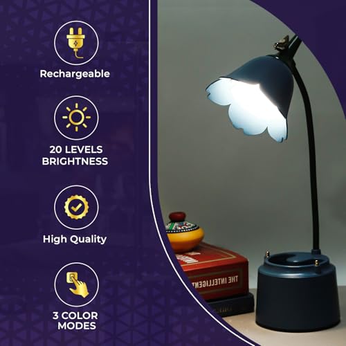 Lexton Flower Bird Table Lamp | Eye Friendly, USB Rechargeable, 3 Color Modes, Touch On/Off Switch, Adjustable Arm, Pen Holder | Suitable for Room Decor, Reading, Office (Pack of 1, Blue) - Image 3