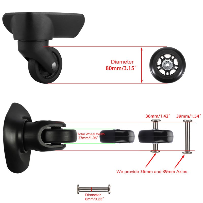OwnMy عجلات استبدال حقائب السفر OwnMy 80mm x 24mm، عجلات دوارة مطاطية مع محامل، مجموعة من 2 - Image 3