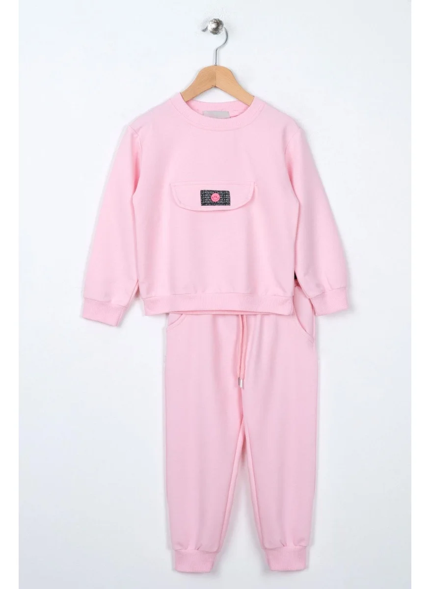 Zepkids Crew Neck Long Sleeve Pink Color Tracksuit with Pocket Cover